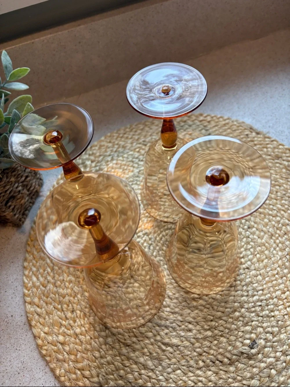 (4) Vintage Amber Etched Wine Glasses - Depression Era